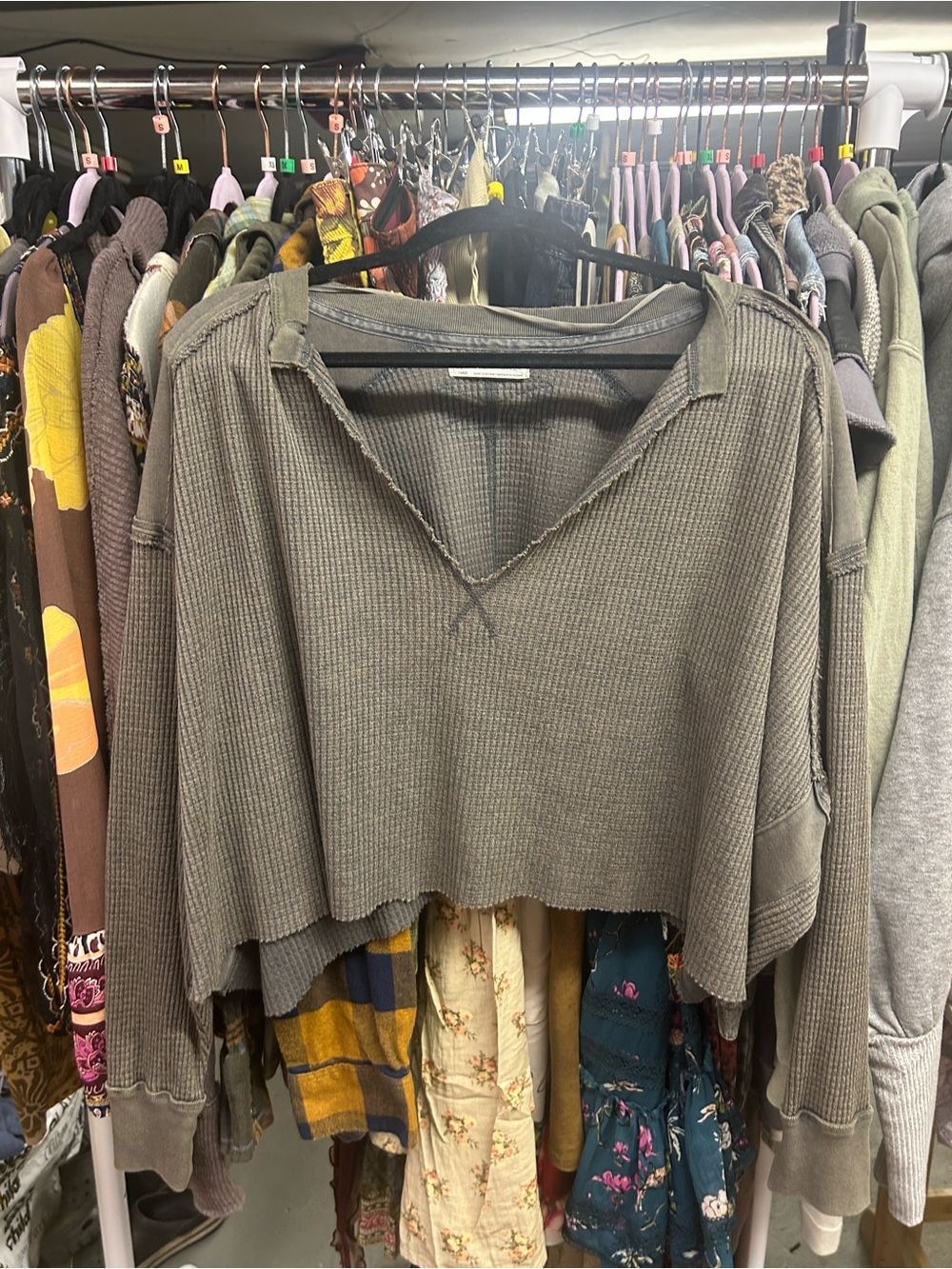 We the Free Altered/Cut into Cropped top Waffle Knit Pullover in Olive Oversized